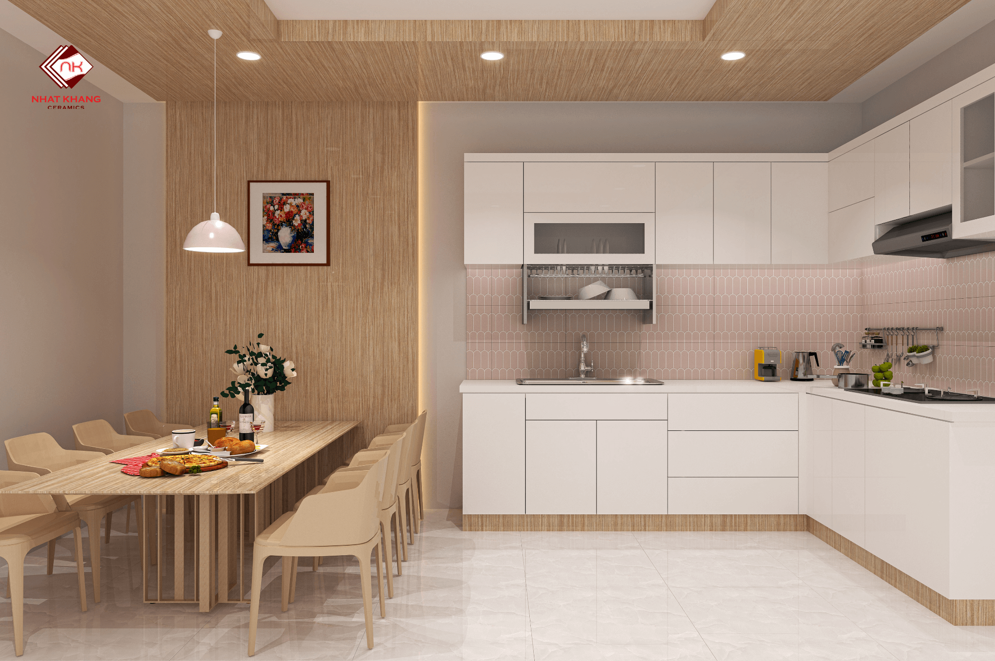 Phòng bếp - Gạch trắng góp phần tô điểm cho không gian nấu nướng thêm hiện đại, sang trọng và dễ dàng vệ sinh.